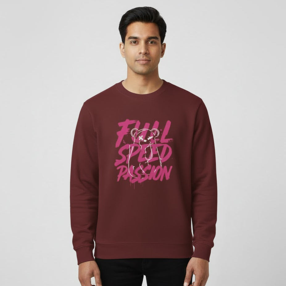 Man wearing a maroon sweatshirt with pink text on a plain background